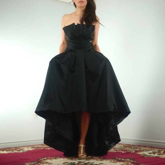 WHBM Black Duchess Satin Strapless High Low Hem Ball Gown with Pockets, sz 2 XXS - Picture 6 of 13